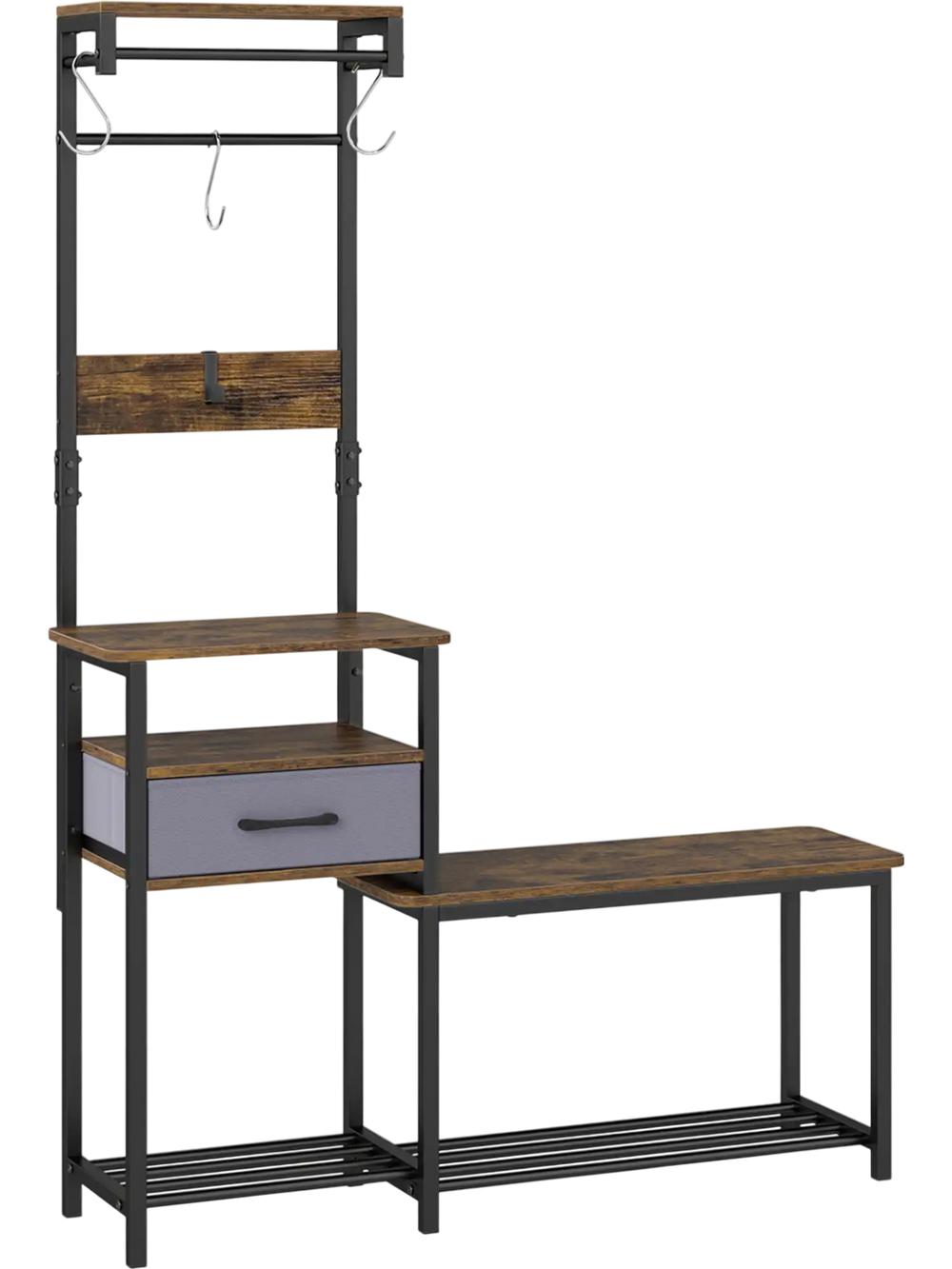 7-in-1 hall tree with shoe bench, hooks, and removable drawer in rustic brown for entryway storage and organization.