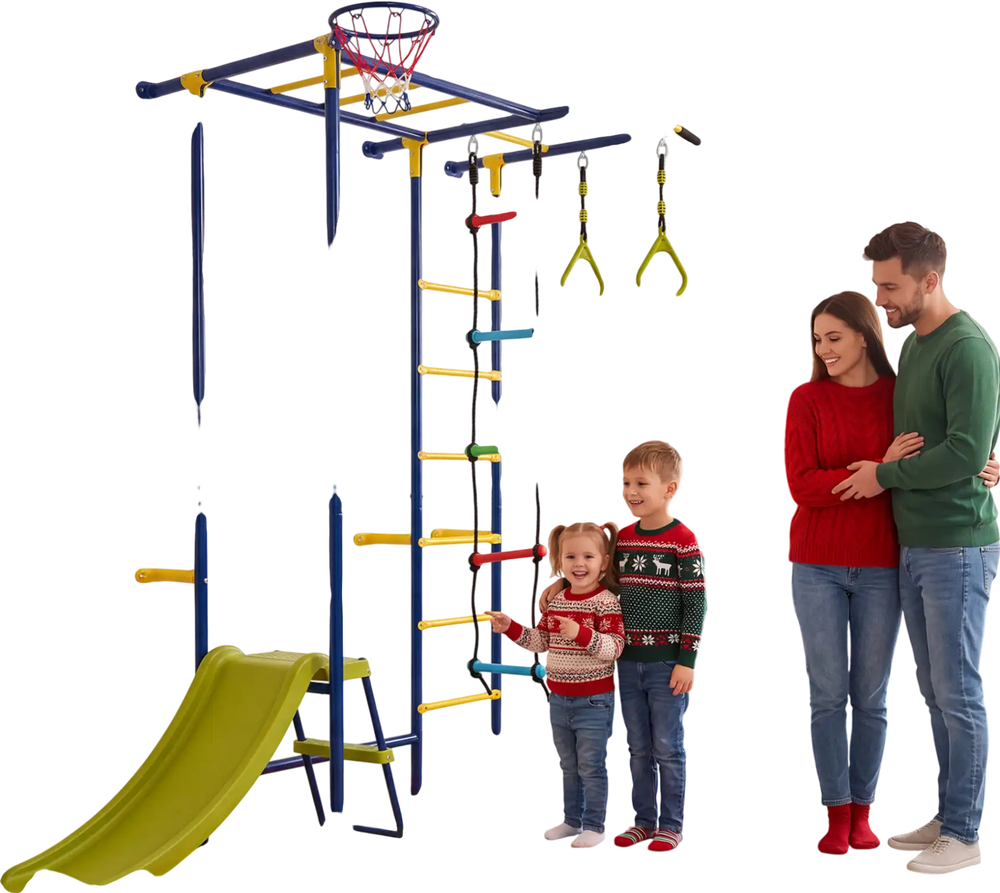 7-in-1 indoor jungle gym for toddlers featuring a slide, basketball hoop, and climbing stations for active play.