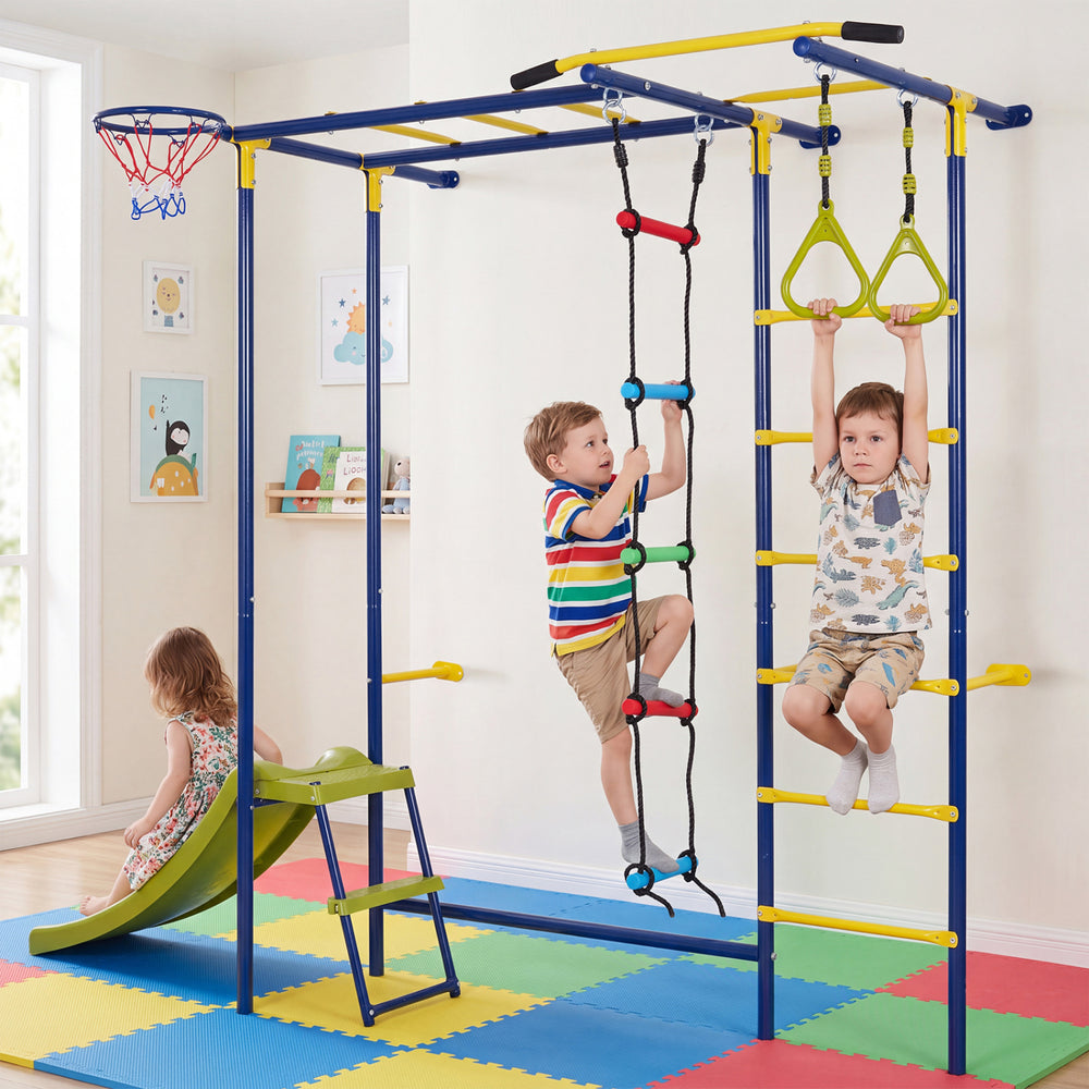 Indoor jungle gym for toddlers featuring climbing, hanging, a slide, and a basketball loop for active play and coordination.