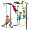 Indoor jungle gym for toddlers featuring climbing, hanging, and a slide, promoting active play and coordination development.