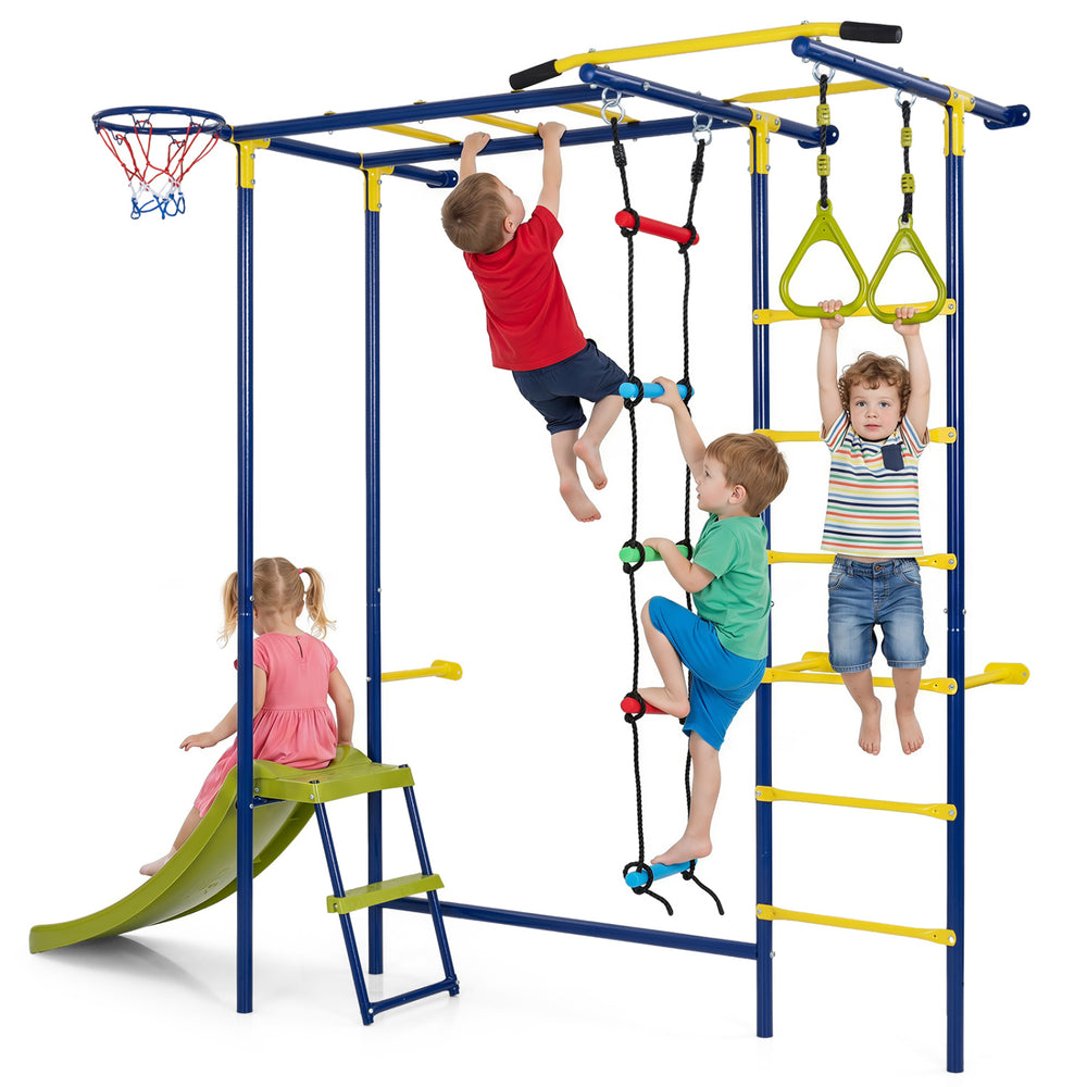Indoor jungle gym for toddlers featuring climbing, hanging, and a slide, promoting active play and coordination development.