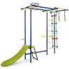 7-in-1 indoor jungle gym for toddlers featuring a slide, climbing ladder, rings, and basketball hoop for active play.