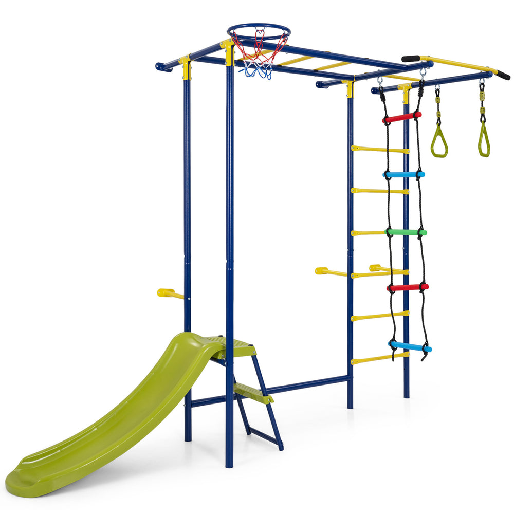 7-in-1 indoor jungle gym for toddlers featuring a slide, climbing ladder, rings, and basketball hoop for active play.