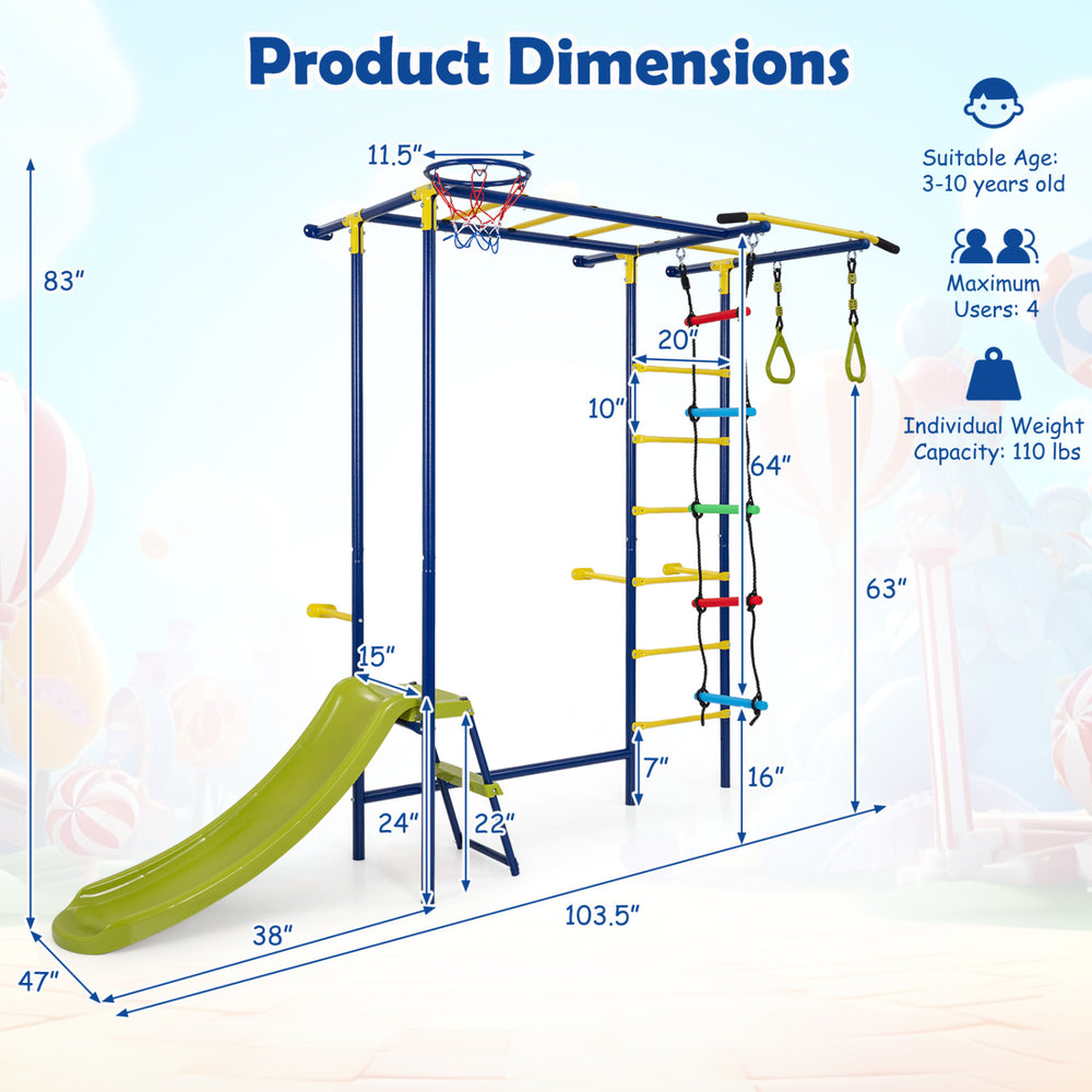 7-in-1 indoor jungle gym for toddlers features a slide, climbing ladder, basketball hoop, and rings for active play.