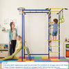 Indoor jungle gym for toddlers featuring a slide, climbing bars, and basketball loop for active play and coordination development.
