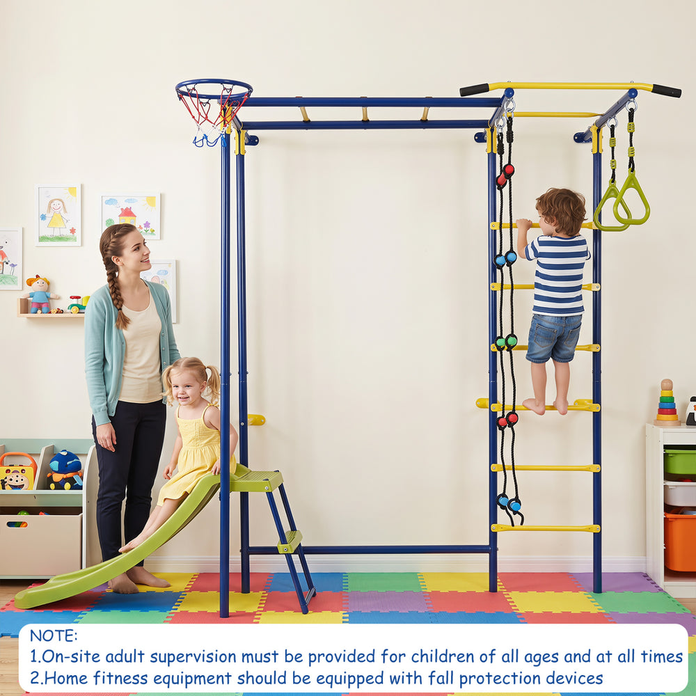 Indoor jungle gym for toddlers featuring a slide, climbing bars, and basketball loop for active play and coordination development.
