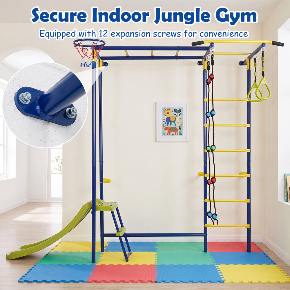 7-in-1 indoor jungle gym for toddlers features climbing, hanging, and a slide for active play and improved coordination.