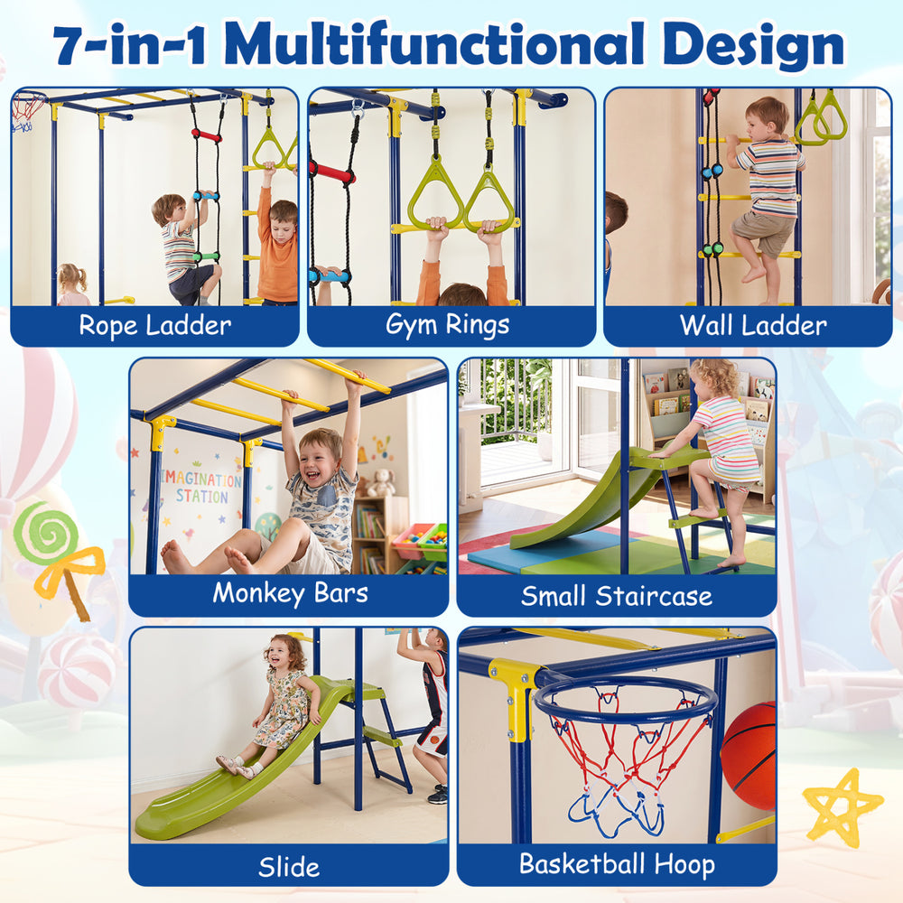 7-in-1 indoor jungle gym for toddlers featuring a slide, climbing bars, and gym rings for active play and coordination development.