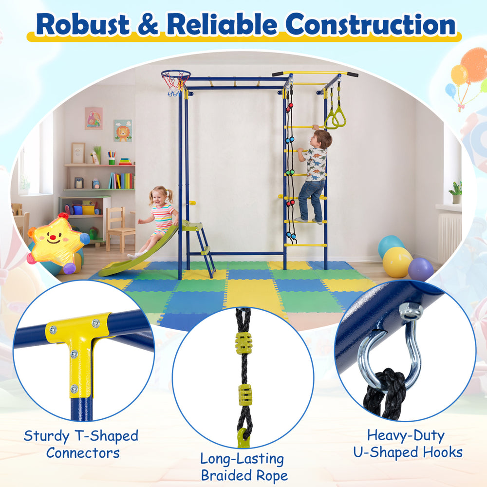 7-in-1 indoor jungle gym for toddlers featuring climbing bars, slide, and basketball loop for active play and coordination.