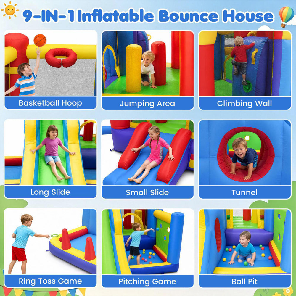 Colorful 7-in-1 inflatable bounce house features a slide, climbing wall, ball pit, and multiple games for kids' outdoor fun.