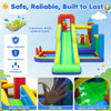 Inflatable bounce house featuring a slide, ball pit, climbing wall, and safety net, made from durable 420D Oxford cloth.