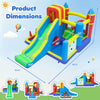 Inflatable bounce house dimensions showing a 7-in-1 bouncy castle with slide, ball pit, climbing wall, and games.