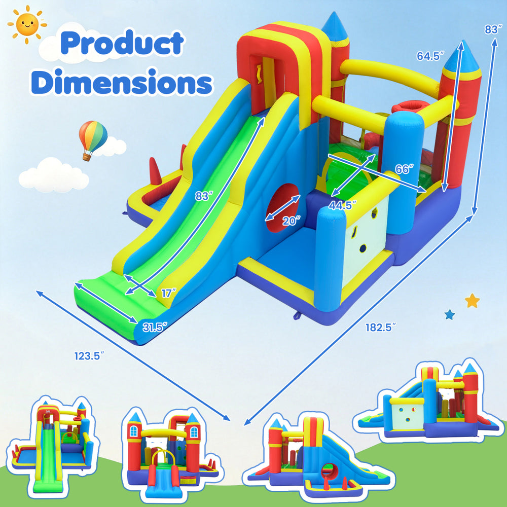 Inflatable bounce house dimensions showing a 7-in-1 bouncy castle with slide, ball pit, climbing wall, and games.
