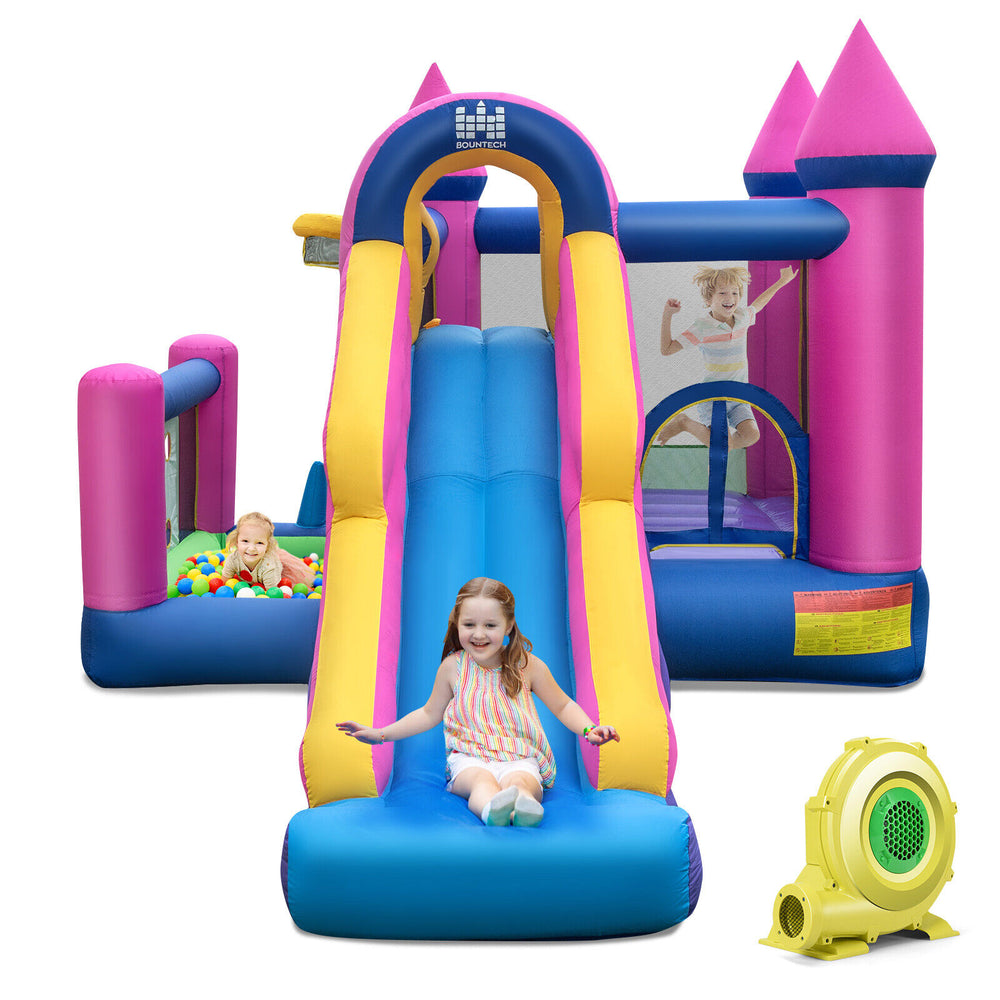 Kids inflatable bounce house with long slide, featuring bright colors and mesh walls for supervision, perfect for.