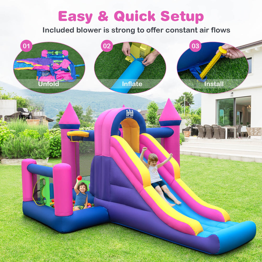 7-in-1 kids inflatable bounce house with slide, featuring mesh walls and a powerful blower for safe outdoor fun.