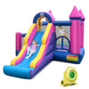 Kids inflatable bounce house with slide, basketball, and mesh walls for supervision, includes 735W blower for quick.