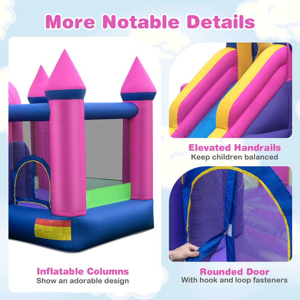 Inflatable bounce house with pink towers, elevated handrails, and rounded door for safe play and supervision.