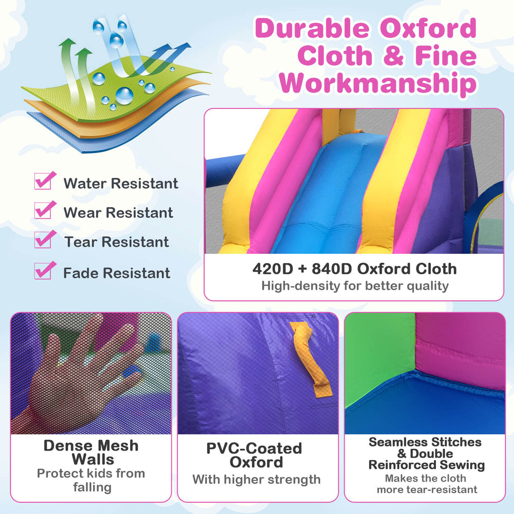 7-in-1 kids inflatable bounce house with slide, featuring durable 420D Oxford cloth and mesh walls for safety and.