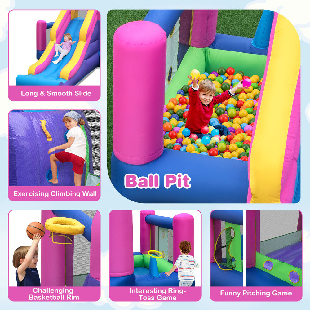 Colorful inflatable ball pit with climbing wall and slide, perfect for kids' outdoor fun and exercise.