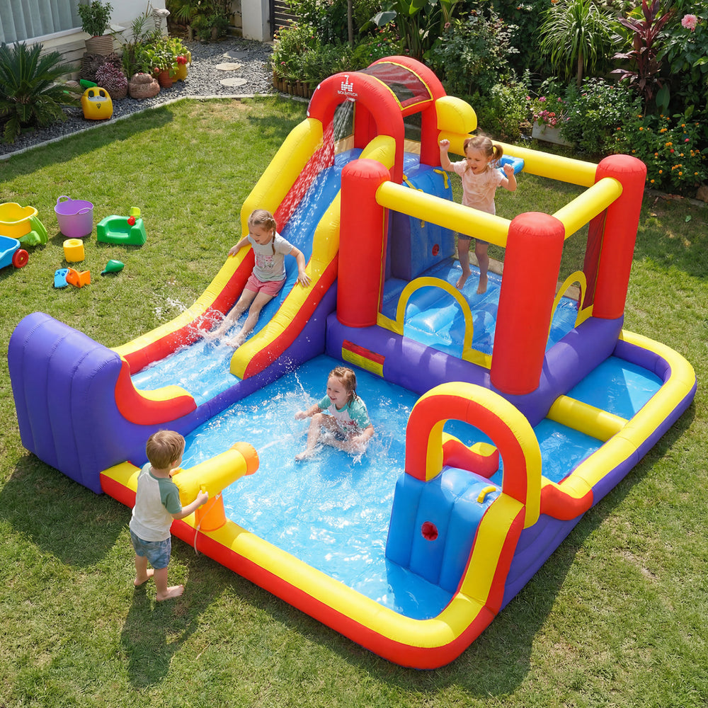 Colorful 7 in 1 outdoor inflatable bounce house features water slides, splash pools, and climbing wall for backyard fun.
