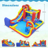 Inflatable bounce house with water slides and splash pools, featuring a climbing wall and basketball hoop for outdoor fun.
