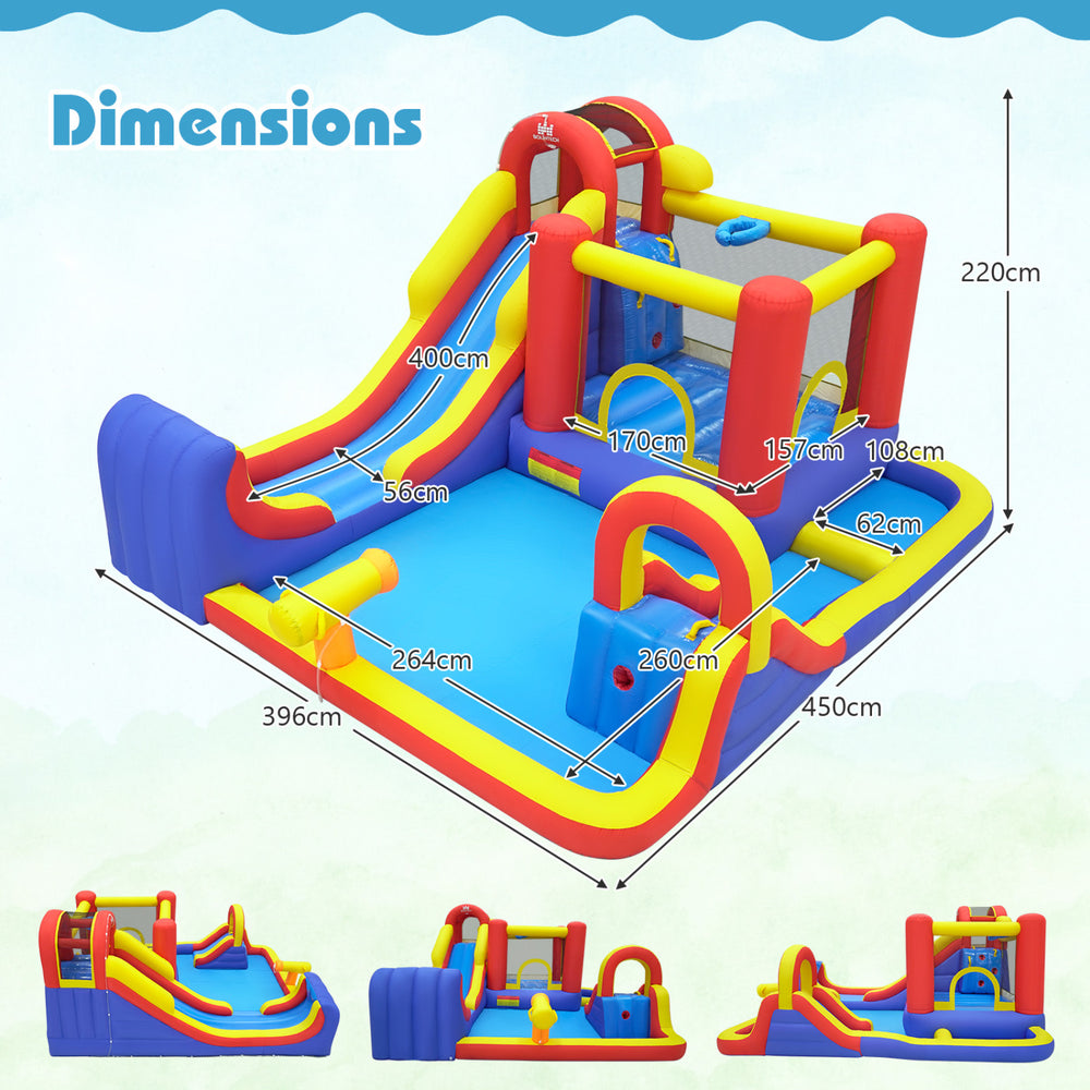 Inflatable bounce house with water slides and splash pools, featuring a climbing wall and basketball hoop for outdoor fun.