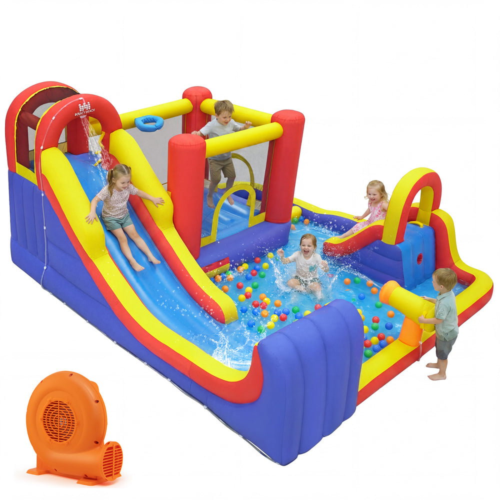 Colorful 7 in 1 outdoor inflatable bounce house with water slides, splash pools, and a powerful 680W blower for backyard fun.