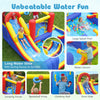 Inflatable bounce house with long water slide, splash pools, climbing wall, and basketball hoop for outdoor fun.