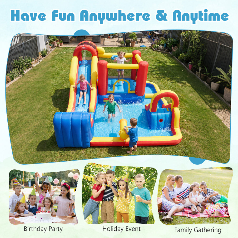 Inflatable bounce house with water slides and splash pools, perfect for backyard fun at parties and family gatherings.