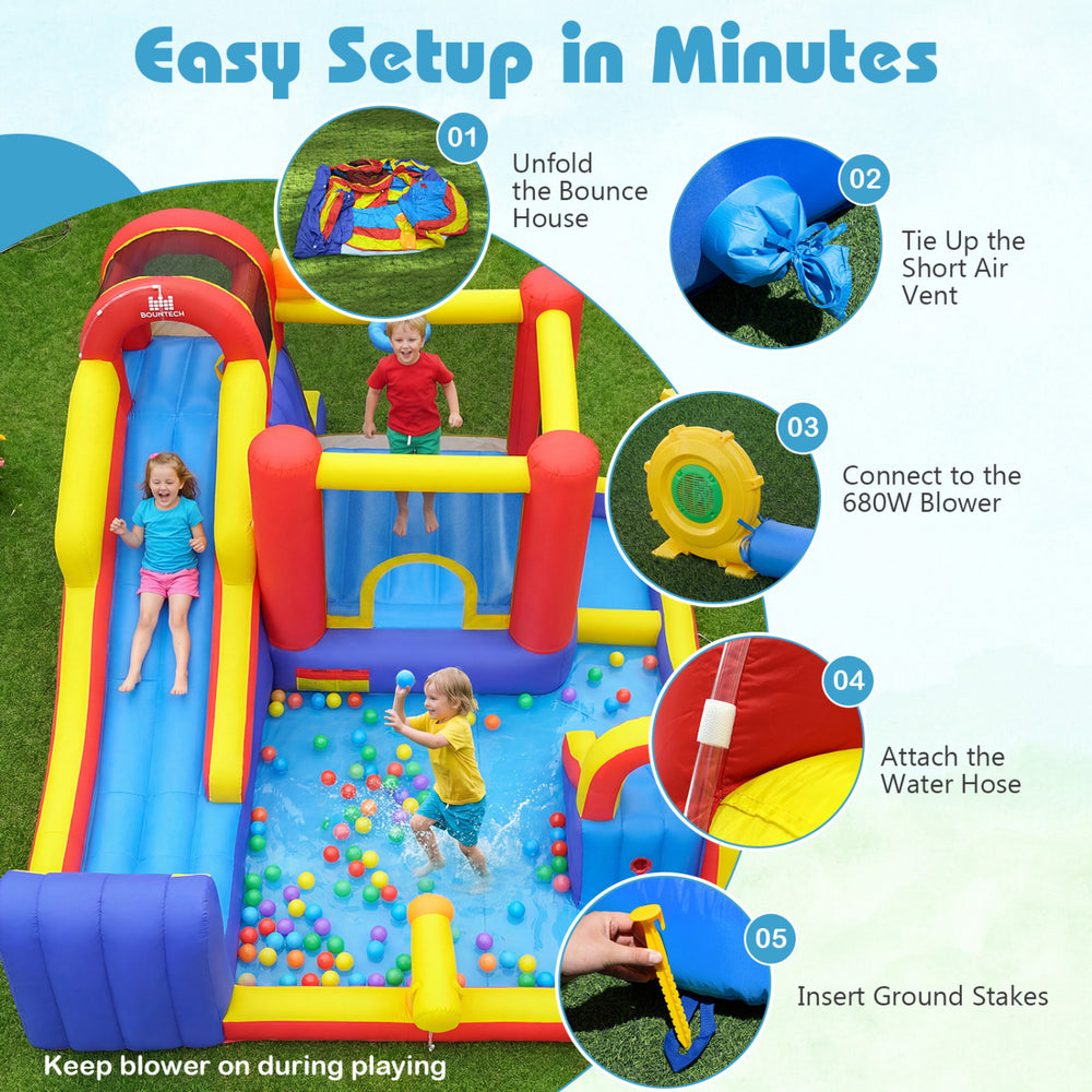 7 in 1 outdoor inflatable bounce house with water slides, featuring a 680W blower and durable waterproof fabric for fun.