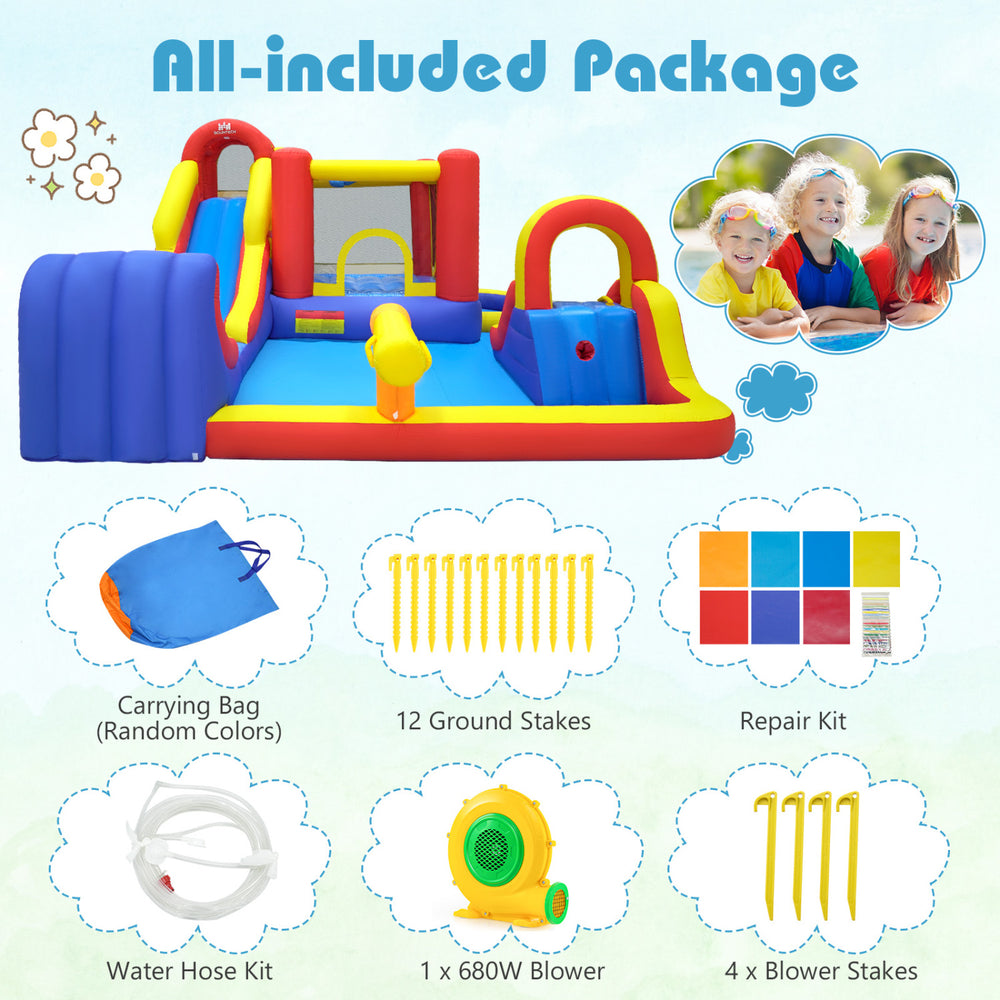 Inflatable bounce house with water slides, basketball hoop, and 680W blower for outdoor fun and stability with ground stakes.