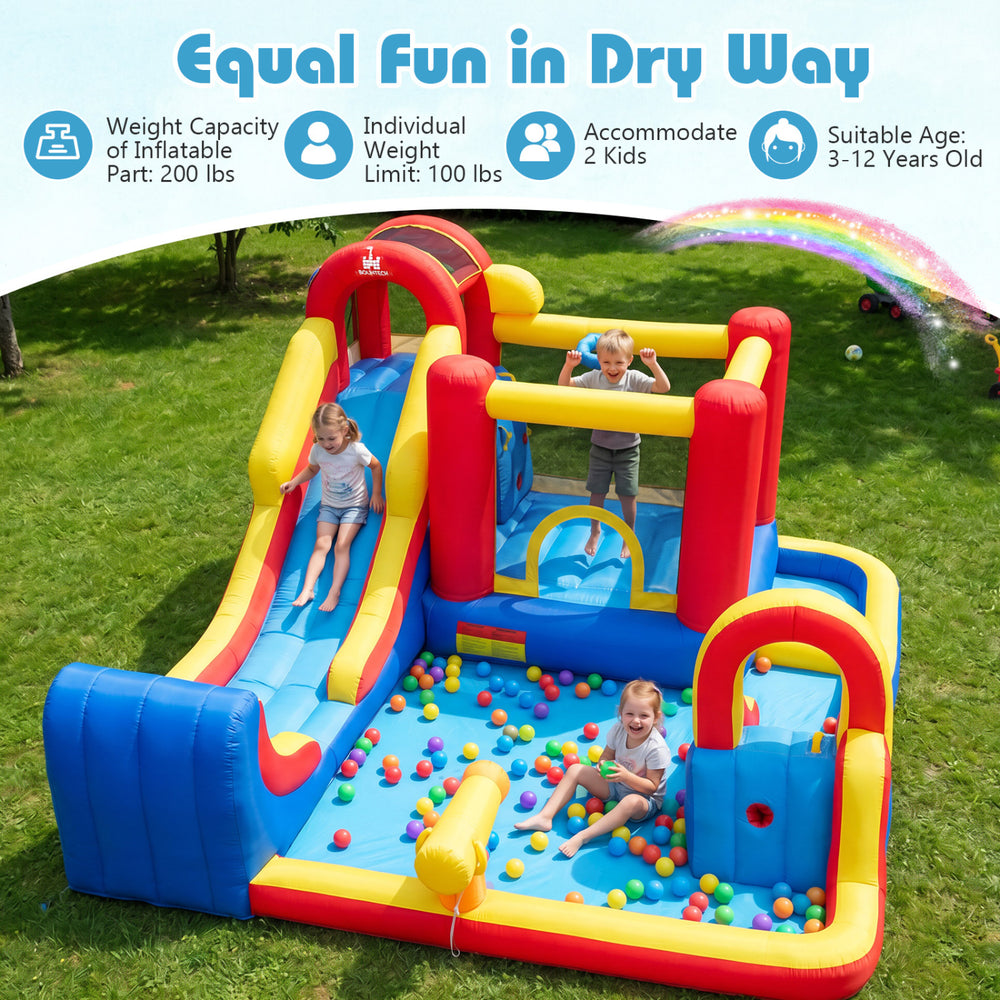 Inflatable bounce house with water slides, basketball hoop, and climbing wall for kids aged 3-12, made of durable 420D oxford fabric.