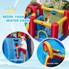 Inflatable bounce house with climbing wall, basketball hoop, and smooth slide for outdoor water fun and entertainment.