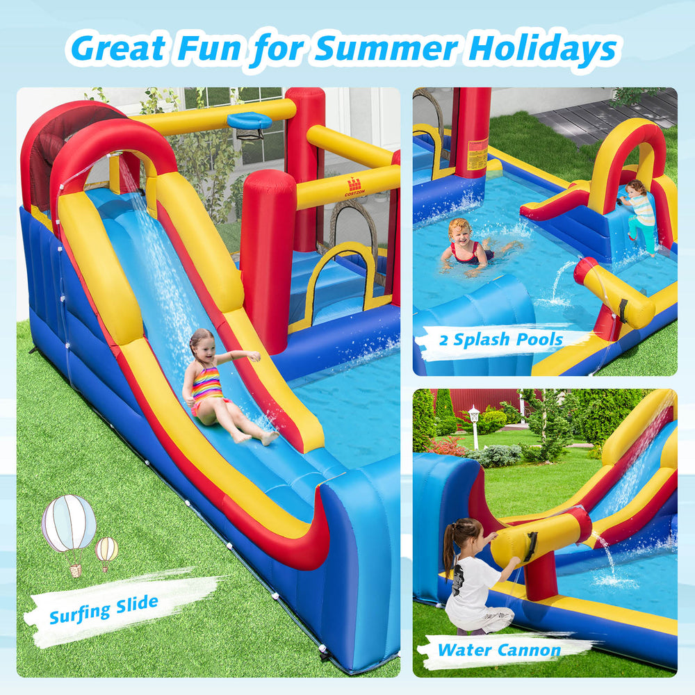 Inflatable bounce house with water slide, splash pools, and water cannon, perfect for summer fun in the backyard.