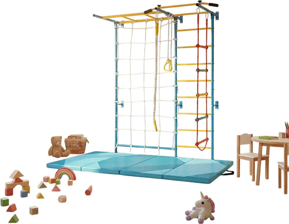 7-in-1 Swedish Ladder with Folding Gymnastics Mat for Solid Wall for Kids