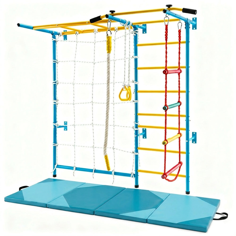 7-in-1 Swedish ladder with monkey bars and gymnastics mat, designed for kids' fun and safe exercise activities.