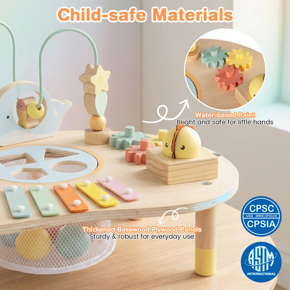 Montessori sensory toy activity table with wooden musical elements, safe water-based paint, and robust basswood panels.