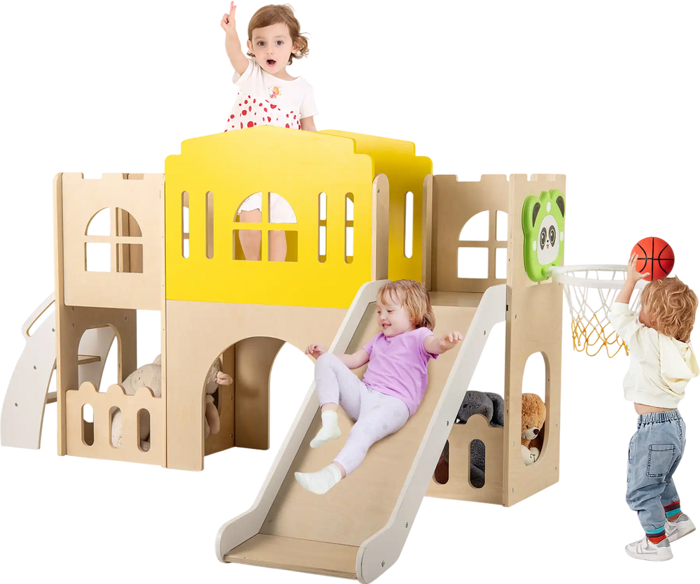 Castle-shaped 7-in-1 toddler slide set with climber and basketball hoop, perfect for indoor and outdoor play.