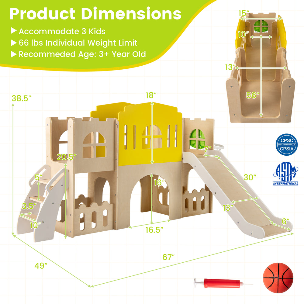 7-in-1 toddler slide set with climber, basketball hoop, and castle design, suitable for indoor and outdoor play.
