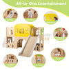 Multicolor 7-in-1 toddler slide set featuring a climbing area, basketball hoop, and peekaboo windows for indoor fun.