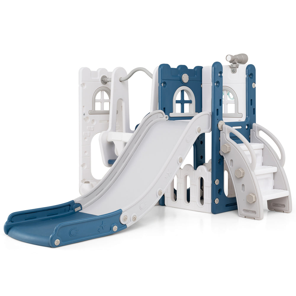L-shaped toddler swing and slide set in blue with ladder, basketball hoop, and safe climbing features for active play.