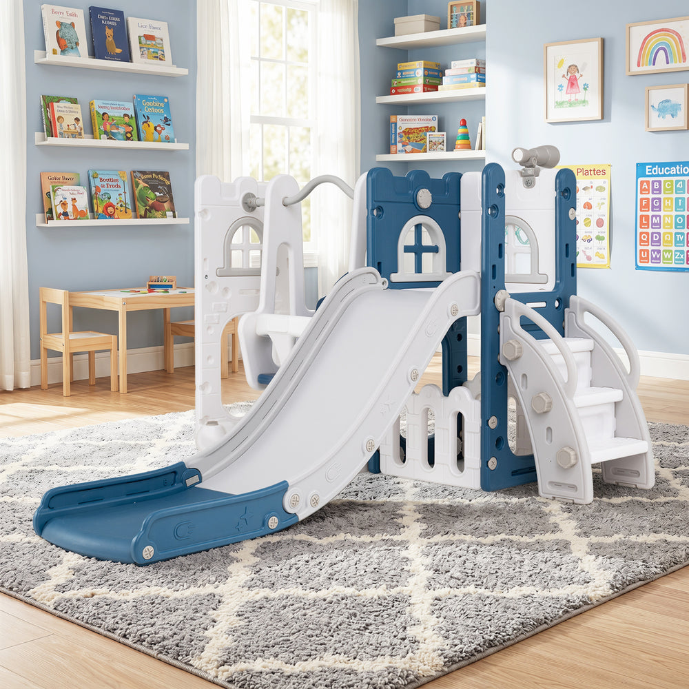L-shaped 7-in-1 toddler swing and slide set in blue with slide, ladder, and basketball hoop for safe play.
