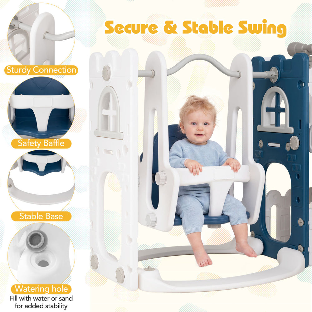 Toddler swing and slide set in blue, featuring sturdy construction and safety baffles for secure playtime.