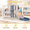 L-shaped 7-in-1 toddler swing and slide set in blue, featuring a slide, swing, and basketball hoop for active play.