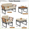 Dimensions of the 7-piece outdoor conversation set, including loveseat, armchairs, coffee tables, and ottomans for.