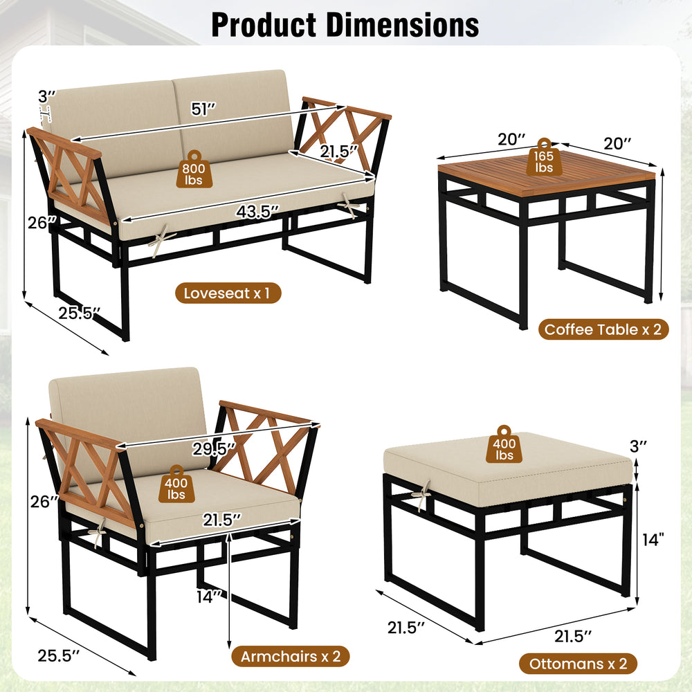 Dimensions of the 7-piece outdoor conversation set, including loveseat, armchairs, coffee tables, and ottomans for.