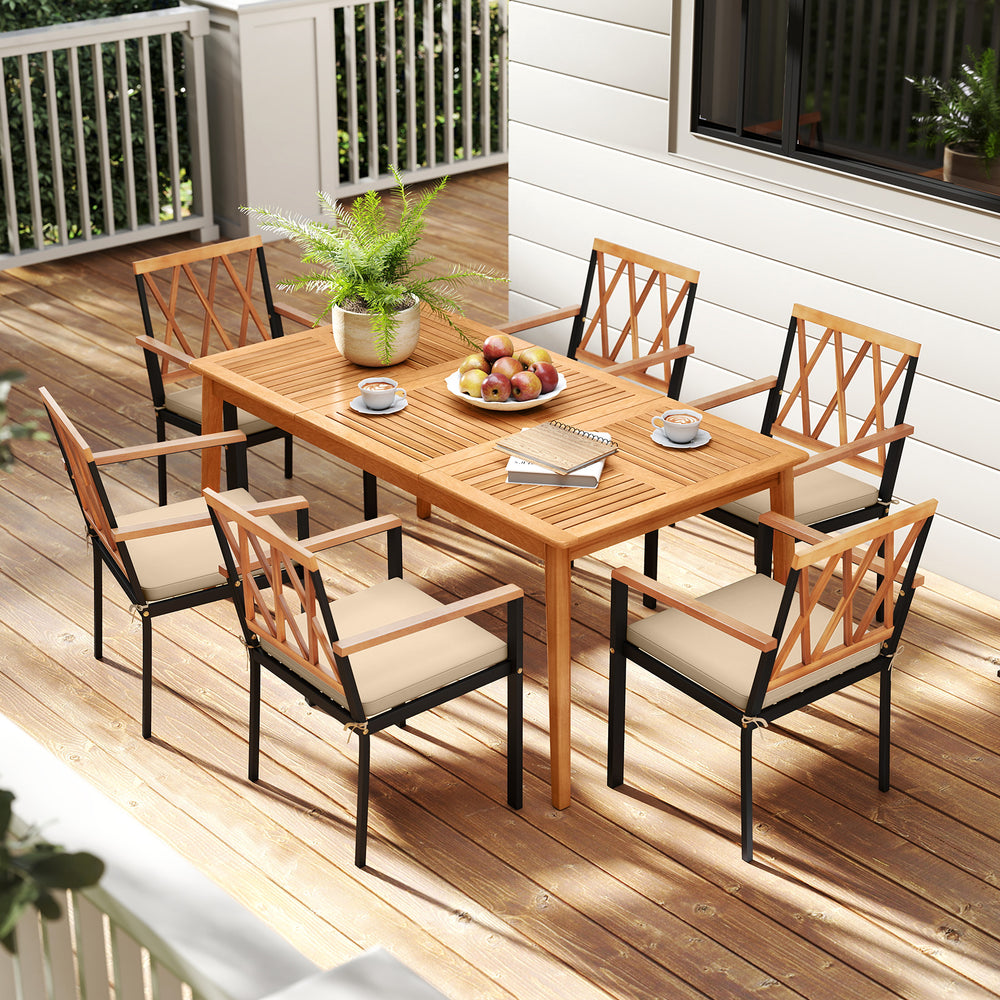 7-piece patio dining set featuring solid acacia wood table and chairs with cushions, perfect for outdoor dining.