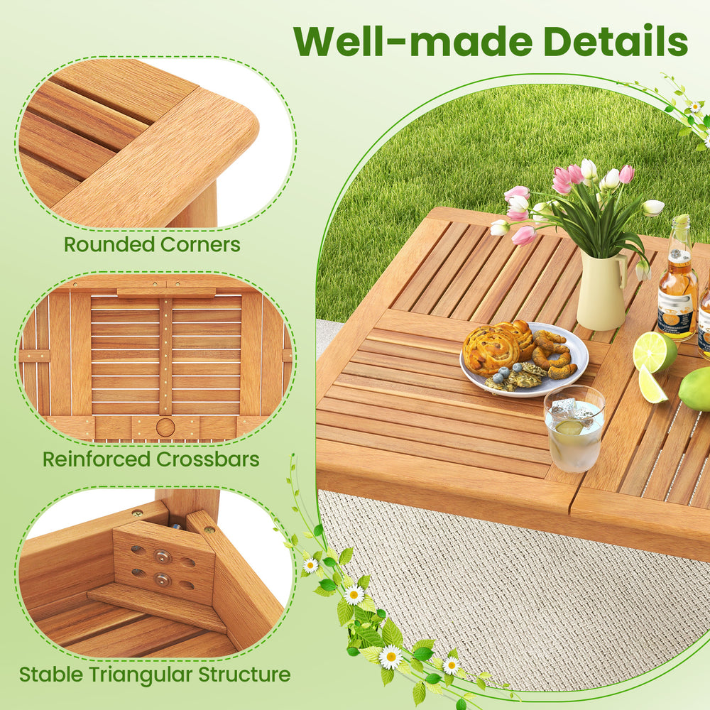 Detail shots of the 7-piece patio acacia wood dining set showcasing rounded corners and reinforced crossbars for.