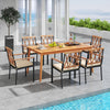 7-piece patio dining set featuring solid acacia wood table and metal chairs with cushions, perfect for outdoor.