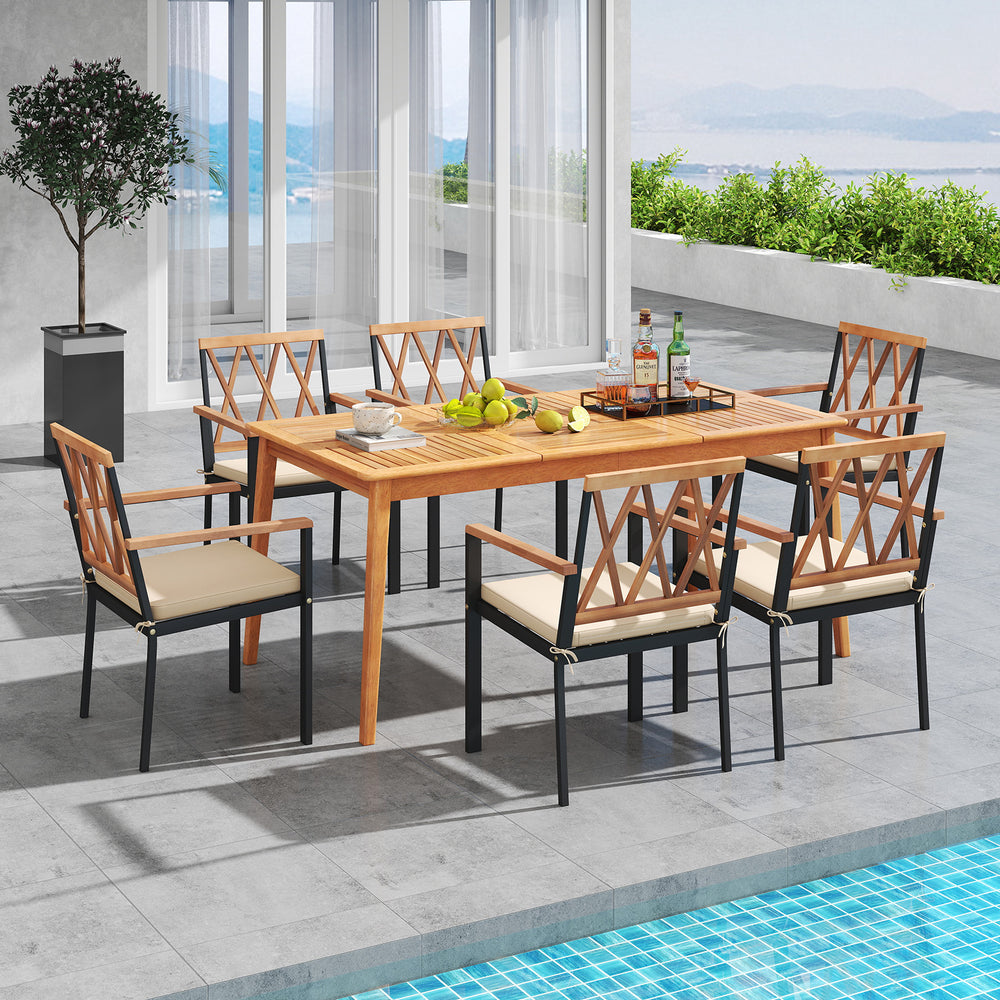 7-piece patio dining set featuring solid acacia wood table and metal chairs with cushions, perfect for outdoor.